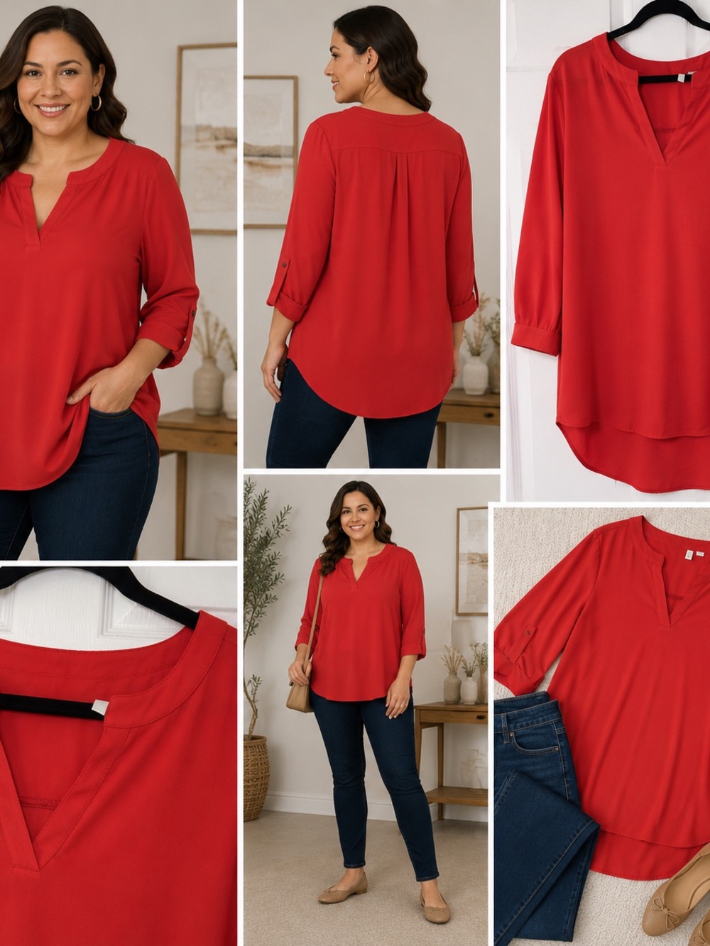 Women's Red V-Neck Roll-Sleeve Blouse XL